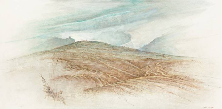 Ansicht von Volterra, 1988, Sepiazeichnung, 22 × 44,5 cm