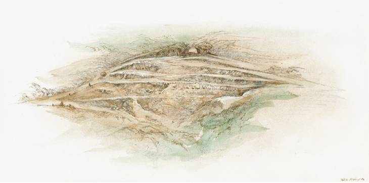 Alabastersteinbruch bei Pomaia, 1992, Sepiazeichnung, 16,5 × 32 cm