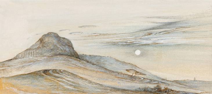 Landschaft bei Volterra, 1992, Sepiazeichnung, 14 × 30,5 cm