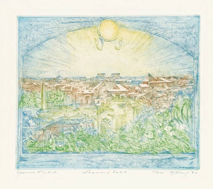 Sonnenstadt, 1976, Aquatintafarbradierung, 14 × 17,5 cm