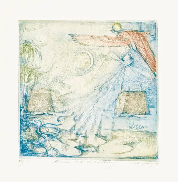 Horus und Uräusschlange, 1976, Aquatintafarbradierung, 15 × 15 cm