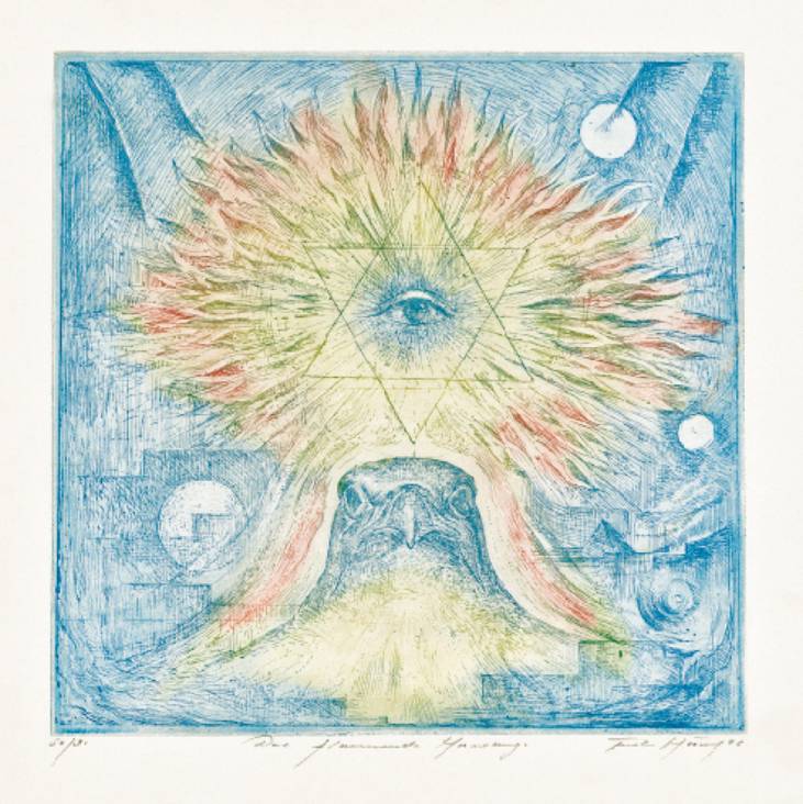 Das flammende Horusauge, 1976, Aquatintafarbradierung, 14,7 × 15 cm
