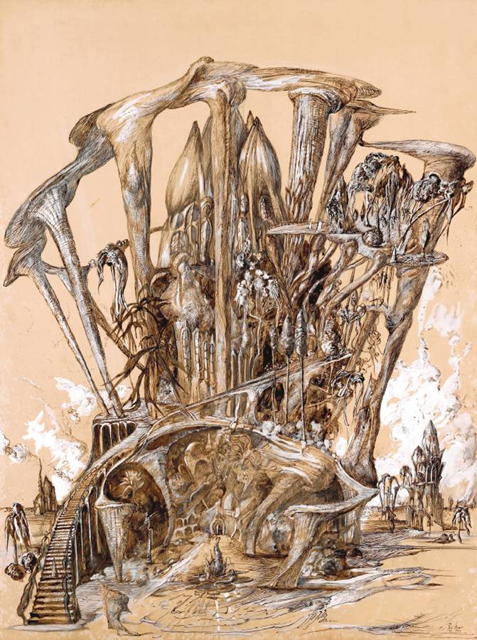 Architekturlandschaft, 1973, Sepiazeichnung, 97 × 75 cm