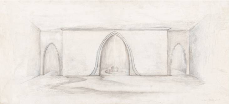 Entwurfszeichnung für das Innere der Aussegnungshalle in Eggenfelden, 1981, Beistiftzeichnung, 41 × 88 cm