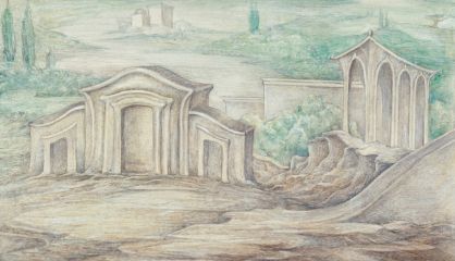 Tempel aus »Land der Greife«, 1982, Mischtechnik auf Karton, 42 × 71 cm