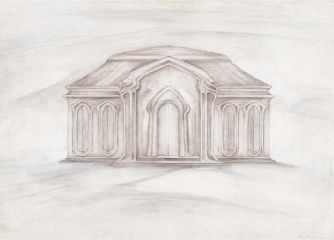 Entwurfszeichnung für die Fassade der Aussegnungshalle in Eggenfelden, Bleistiftzeichnung, 73 × 100 cm